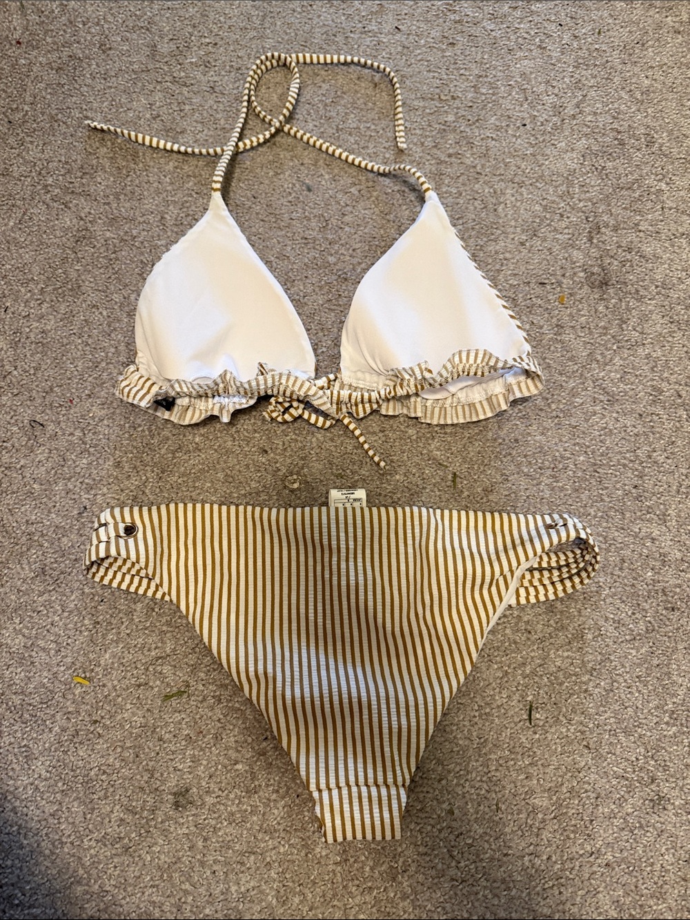 Striped Ruffle Triangle Bikini Set - Beige/White - Picture 2 of 3